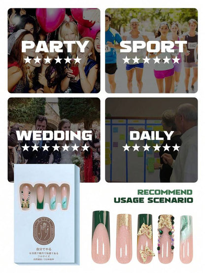 24pcs Medium Square Green French Press On Nails, Butterfly Rhinestone Charm Design, Gradient Glitter Nail Set For Women Party And Daily Wear