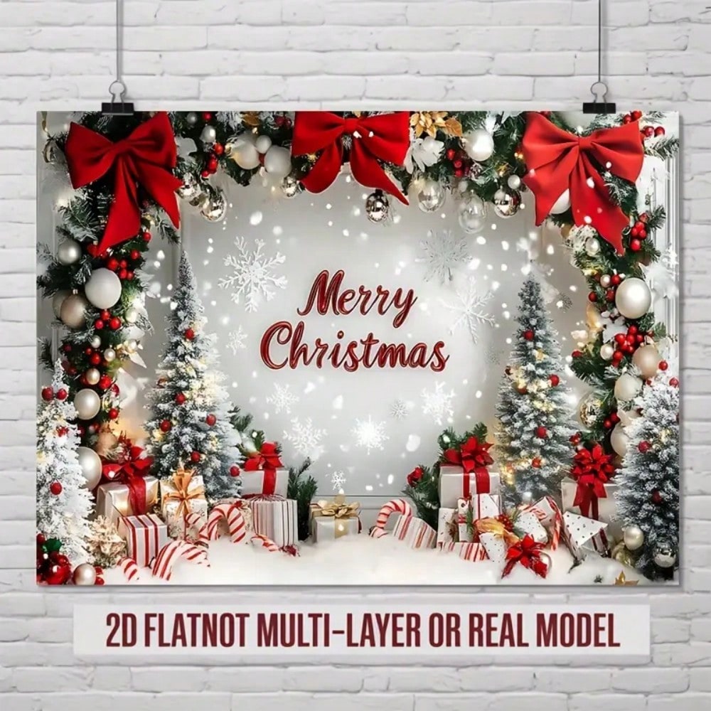 2D Christmas Party Banner, Polyester Snow Scene Backdrop with Red Hat and Festive Design, Perfect Wall Decoration for Holiday Events and Photo Props