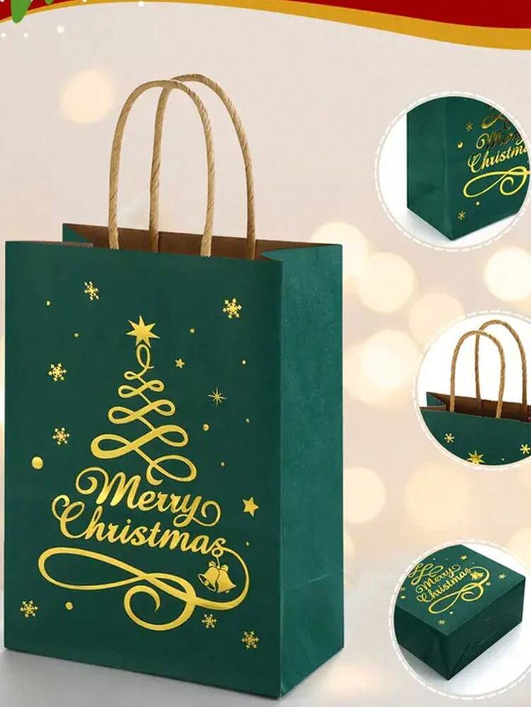 48pcs Christmas Paper Gift Bags with Handles, Red & Green Reindeer and Tree Pattern Foldable Shopping Bags for Holiday Packaging & Home Decor