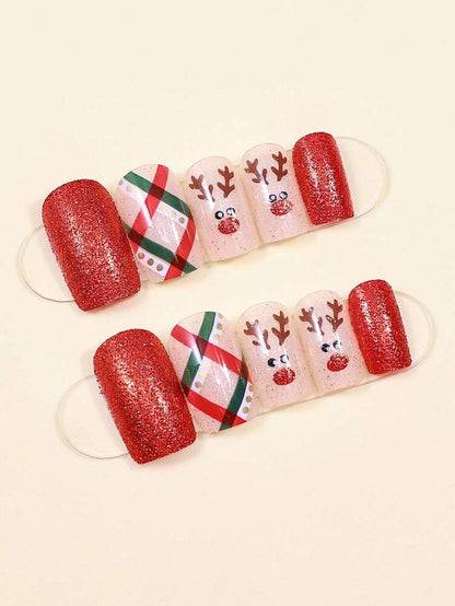 24pcs Red Glitter Christmas Press On Nails, Short Square Bling False Nails With Cute Elk Grid Design, Festive Nail Set Gift For Women Party Wear