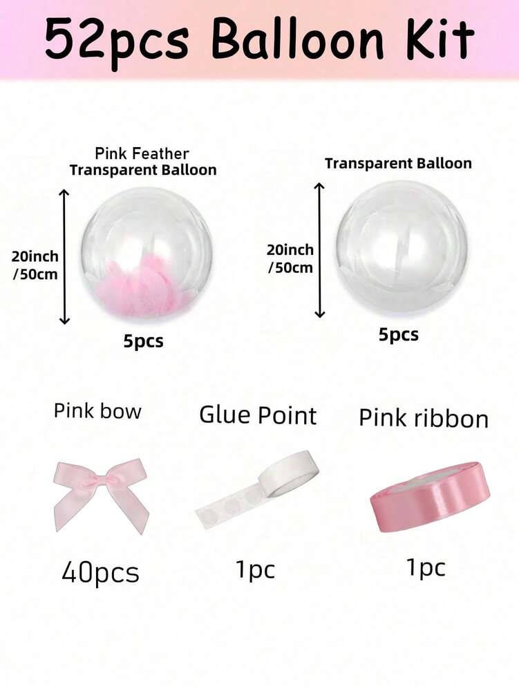 52pcs 20-Inch Pink Feather Balloons with Ribbons, Elegant Decorative Balloon Set for Wedding, Outdoor Photography or Room Decor