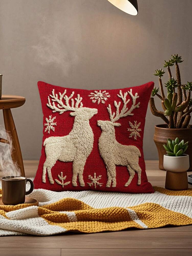Christmas Reindeer Pillow Cover, 17.7x17.7" Linen Throw Pillowcase, Single-Sided Digital Print Cushion Cover for Sofa, Bed, Car & Holiday Home Decor