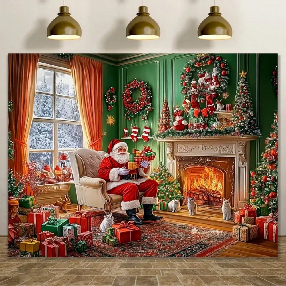 2D Polyester Christmas Party Background Banner, Snow and Ornament Design, Ideal for Homes, Walls, and Holiday Photoshoots
