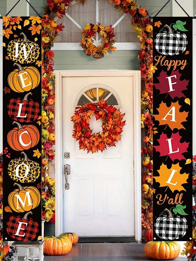 Autumn Porch Welcome Banner Set, Pumpkin & Maple Leaf Front Door Hanging Sign, Seasonal Farmhouse Fall Decoration for Indoor & Outdoor Use