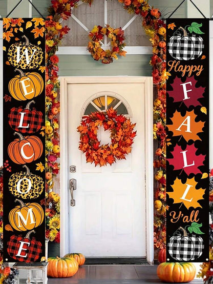 Autumn Porch Welcome Banner Set, Pumpkin & Maple Leaf Front Door Hanging Sign, Seasonal Farmhouse Fall Decoration for Indoor & Outdoor Use