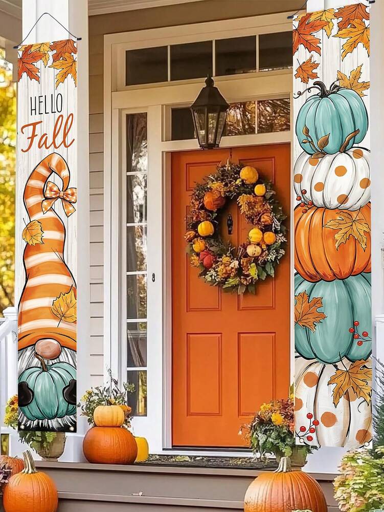 Thanksgiving Pumpkin Gnome Door Banner Set, 30x180cm Polyester Hanging Porch Sign, Autumn Harvest Decoration for Farmhouse Indoor & Outdoor Display
