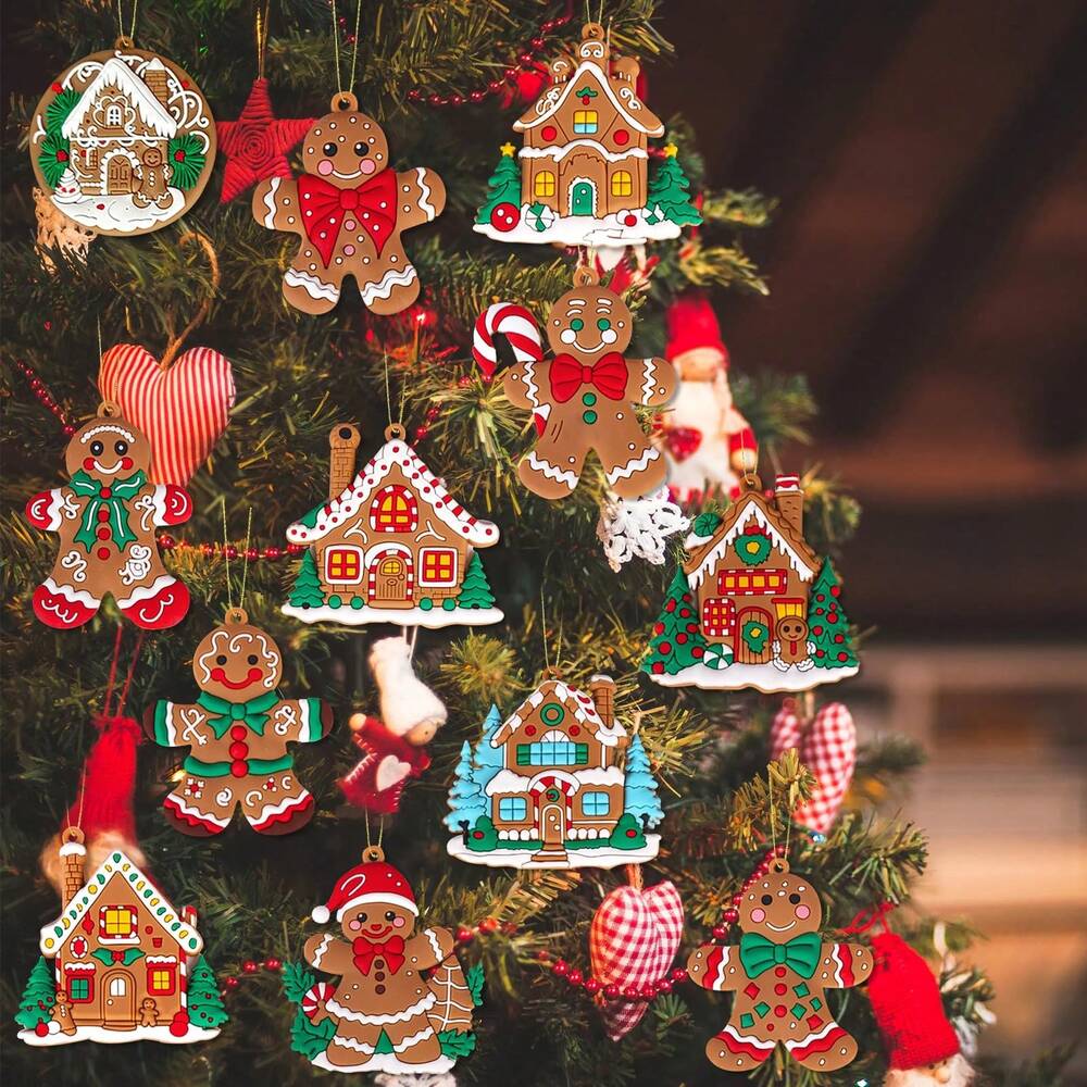 12pcs Gingerbread House Hanging Ornaments, Cute Christmas Tree Decorations for Home, Parties, and Holiday Gift Giving