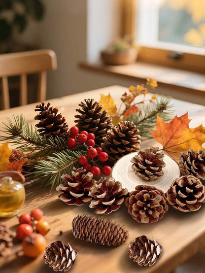 Mini Pinecone Set for Thanksgiving or Christmas (15pcs/5pcs), Natural Decorative Cones with Maple Leaves for Autumn, Harvest, or DIY Holiday Ornaments