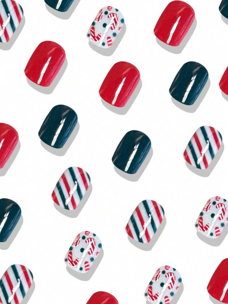 24pcs Short Press On Nails, Red And Green Candy Cane Christmas Design, False Nails For Women, Easy To Apply Holiday Nail Supplies