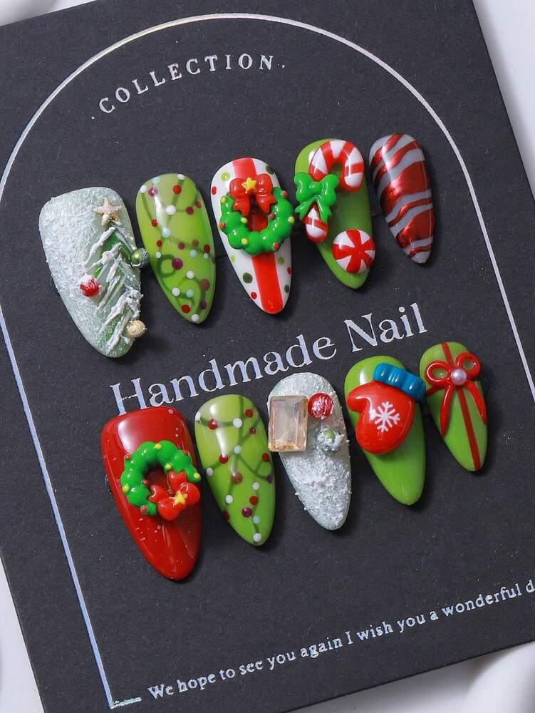10pcs Almond Christmas Press On Nails, 3D Gloves And Hand Painted Tree Design, Y2K Hot Girl Style Handmade Nail Set For Women Holiday Look