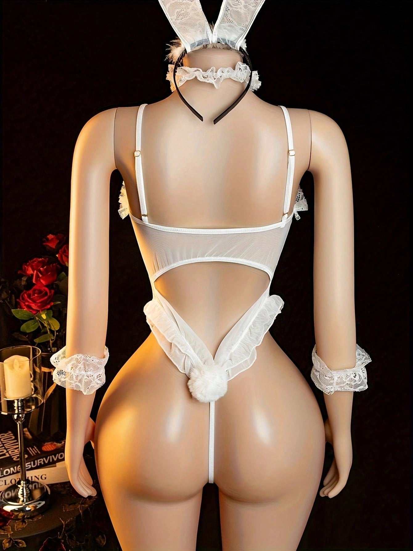 4 Sets, Cute Bunny Girl Lace Lingerie, One-Piece Slimming See-Through Halter Strap Set, Innocent Uniform Set Includes: Headband + Neck Ring + Clothing + Bracelet