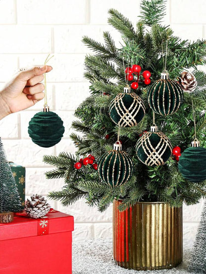 9pcs Green Velvet Christmas Tree Ball Ornaments, Flocked Painted Shatterproof Hanging Décor for Holiday Trees & Home Display