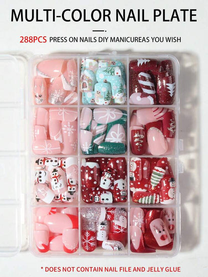 288pcs Short Square Mixed Christmas Press On Nails, Gingerbread Santa Snowman Light Strip Elk Theme, Large Acrylic Nail Set For Holiday Gift
