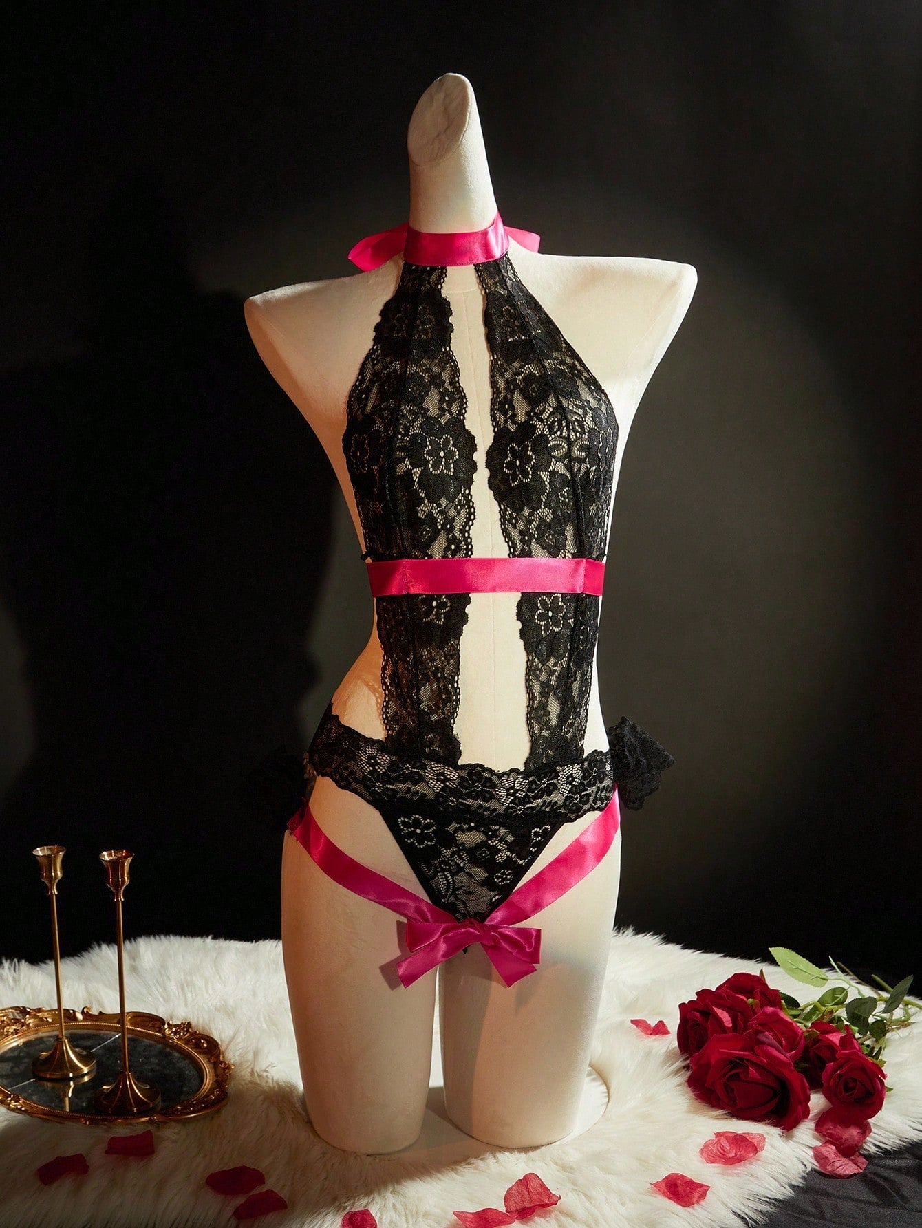 Women Sleeveless Bodystocking Set With Contrast Lace And Plant Motif Pattern, Ribbon Accent Detail, Lightweight Fabric Construction, Coordinated Multi-Piece Design, Suitable For General Wear And Styling