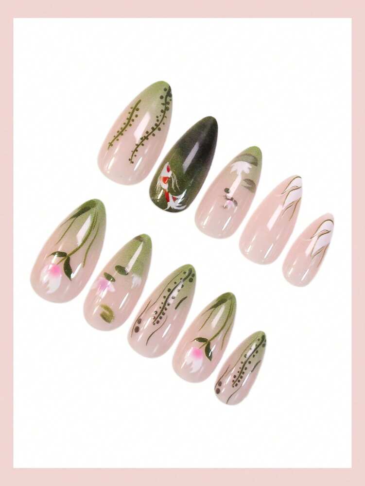 24pcs Medium Almond Press On Nails, Green Gradient Floral Summer Design, Glossy Full Cover Acrylic Nails For Women Daily Wear