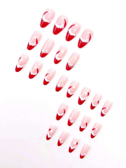 24pcs Almond Christmas Press On Nails, Red Santa Hat Short False Nails, Holiday Nail Set For Women, Office, Date, Party & Everyday Wear
