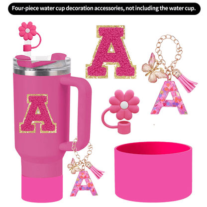 A–Z Cup Accessory Set (4pcs) with Straw Cap, Letter Pendant, Silicone Cup Boot, and Letter Sticker, Personalized Surprise Gift for Friends and Family