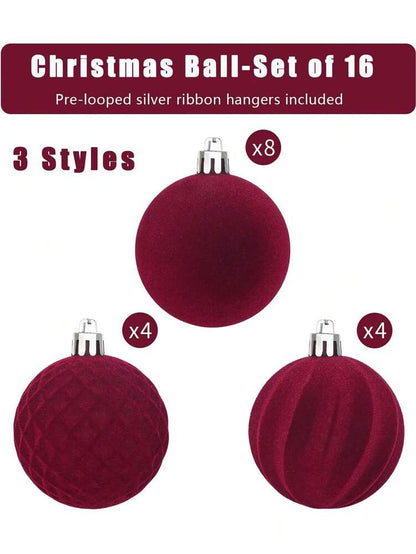 16pcs Velvet Christmas Ball Ornament Set, 2.8" Shatterproof Decorative Foam Spheres, Elegant Holiday Tree Decorations for Home Decor