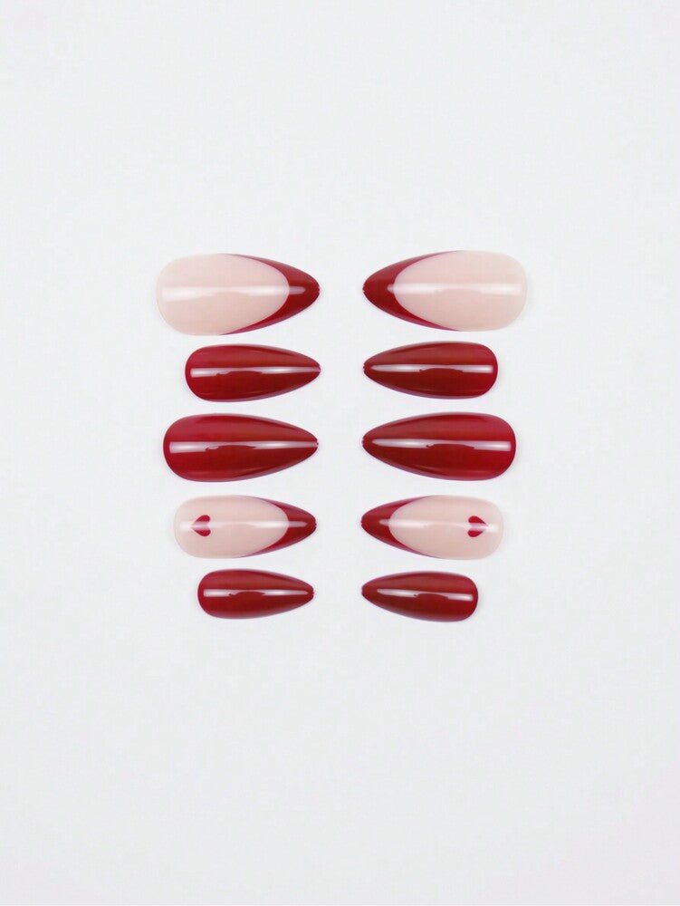 24pcs Almond Press On Nails, Romantic Red French Style With Heart Pattern, Glossy Reusable Nail Set For Women Valentine Party Daily Wear