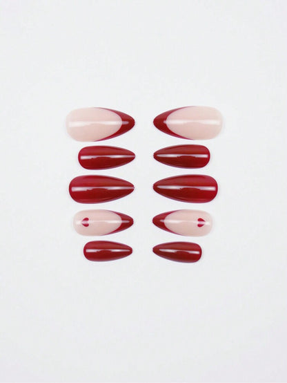 24pcs Almond Press On Nails, Romantic Red French Style With Heart Pattern, Glossy Reusable Nail Set For Women Valentine Party Daily Wear