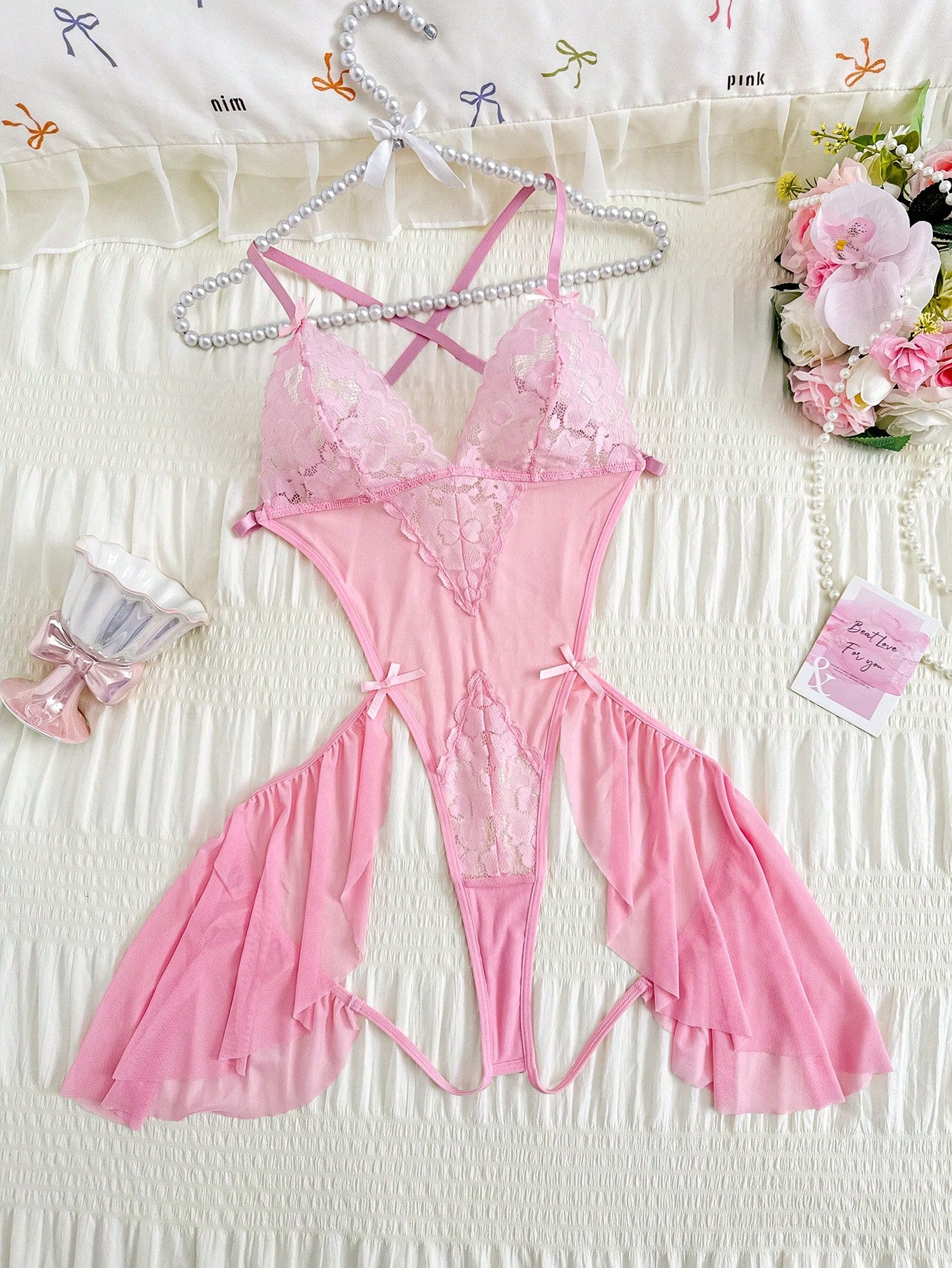 Sexy Lace Patchwork Mesh Backless Romper With Bow Decor, Feminine & Charming