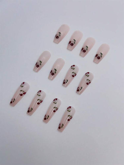 24pcs Long Coffin Cherry Press On Nails, 3D Glossy Painted Fruit Design, Handmade Acrylic Nail Set With Glue & File For Women Party Wear