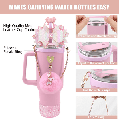 Bling Tumbler Accessory Set for 40oz/30oz Cups, Includes Silicone Bow Straw Topper, Leather Handle Strap & Decorative Charms