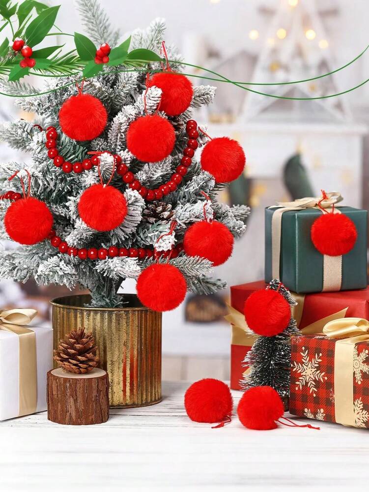 12pcs Red Fluffy Christmas Ball Ornament Set, Soft Faux Fur Tree Decorations for Home, Fireplace or Party Holiday Décor