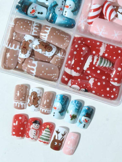 96pcs Short Square Christmas Press On Nails, Cute Gingerbread And Santa Claus Design With Snowflake Details, Acrylic Nail Kit For Winter Daily Wear