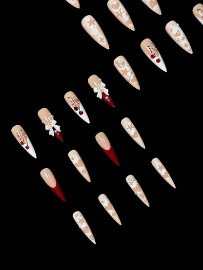 24pcs Long Stiletto French Press On Nails, White Red Cherry Pattern With 3D Bow And Pearl Decor, Romantic Bling Nail Set For Party Look
