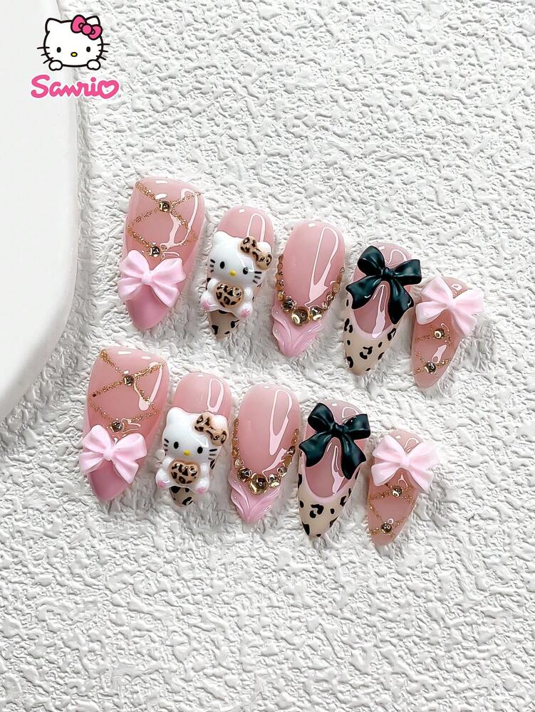 10pcs Sanrio Fall Press On Nails, 3D Leopard Hello Kitty Design With Pink Black Bow Charms, Handmade French Nail Set For Autumn Daily Wear