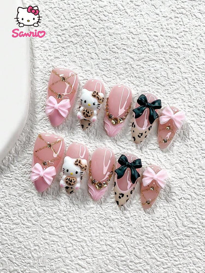 10pcs Sanrio Fall Press On Nails, 3D Leopard Hello Kitty Design With Pink Black Bow Charms, Handmade French Nail Set For Autumn Daily Wear