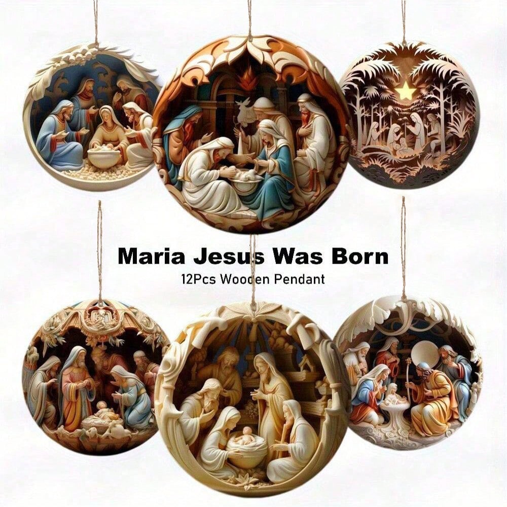 12-Piece Wooden Nativity Scene Set, Hand-Carved Christmas Manger Figures for Table & Shelf Display, Rustic Religious Holiday Home Decor Gift