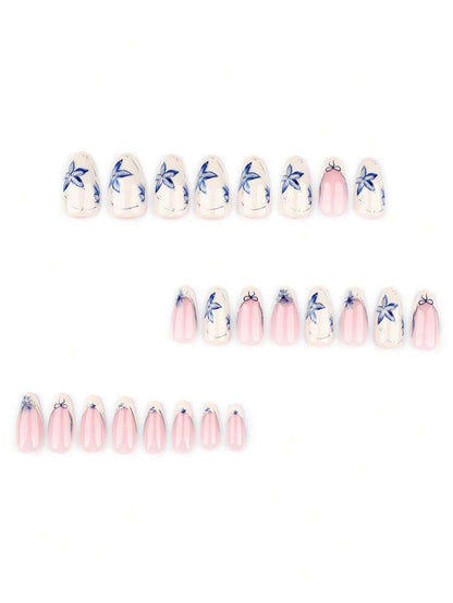 24pcs Medium Almond Press On Nails, Beige Yellow French Tips With Blue Flower Bow Design, Minimalist Summer Nail Set For Women Daily Wear