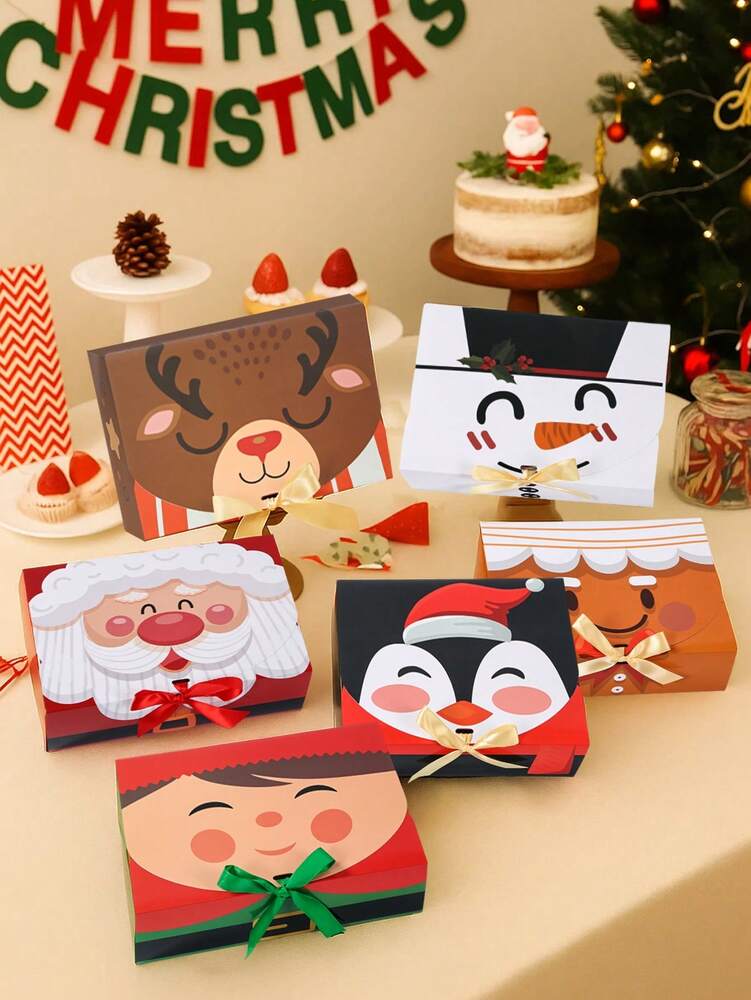6pcs Christmas Gift Boxes with Ribbons, Santa Snowman & Reindeer Designs for Holiday Treats, Seasonal Packaging & Winter Home Decor