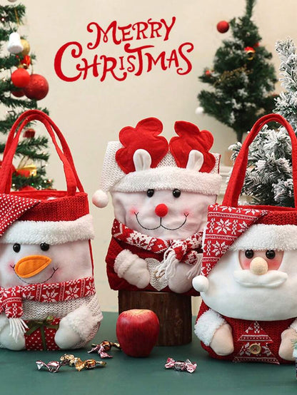 Christmas Gift Tote Bag with Santa, Snowman & Reindeer Design, Candy & Treat Bag with Flap Cap