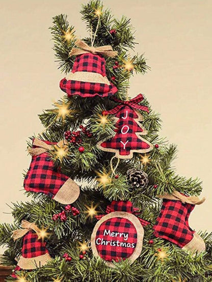 8pcs Buffalo Plaid Fabric Ball Ornaments, Christmas Tree Hanging Decorations, Rustic Red and Black Check Fabric Balls for Farmhouse Holiday Style