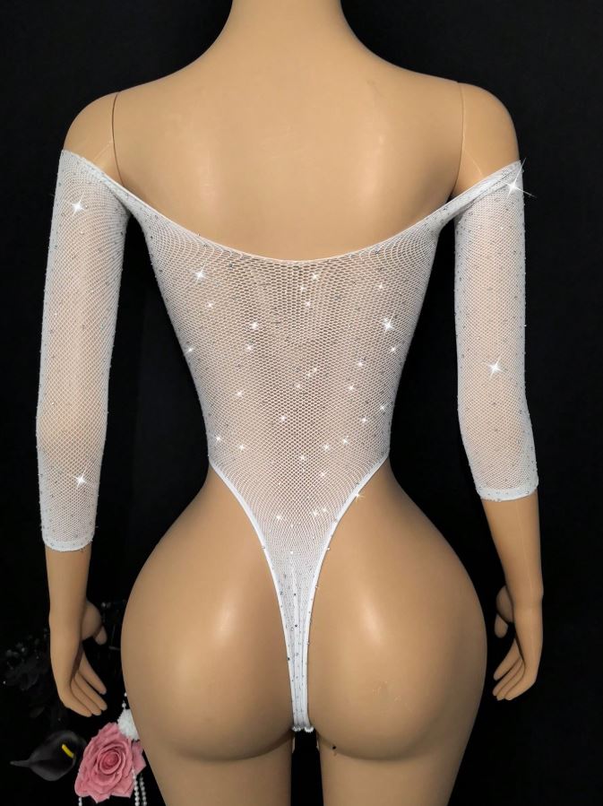 Sparkling Rhinestone Long Sleeve One Piece Lingerie Bodysuit