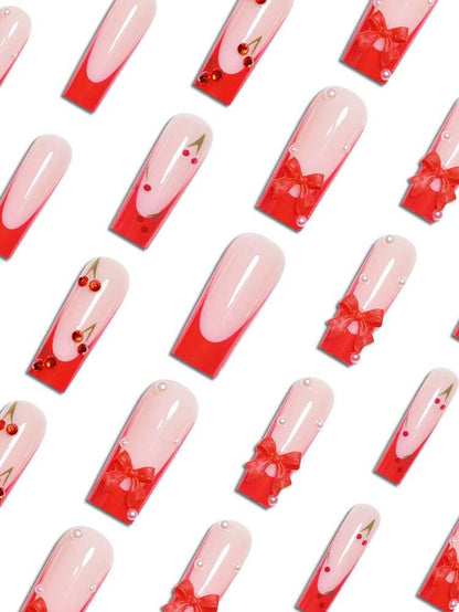 24pcs Soft French Press On Nails, Black And Red Plum Blossom Pattern, Romantic Dark Style Nail Set With File For Women Daily Wear