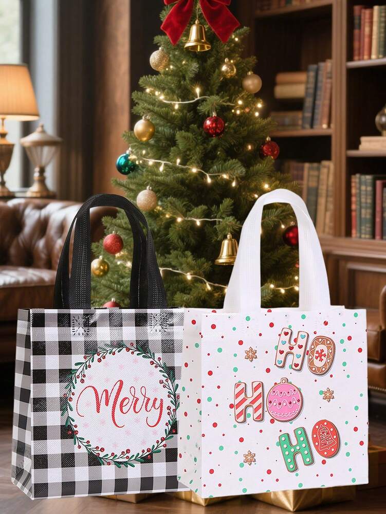 25pcs Red & Black Plaid Christmas Gift Bags, Non-Woven Holiday Tote Bags with Reindeer & Stocking Prints