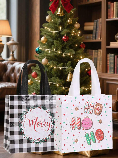 25pcs Red & Black Plaid Christmas Gift Bags, Non-Woven Holiday Tote Bags with Reindeer & Stocking Prints