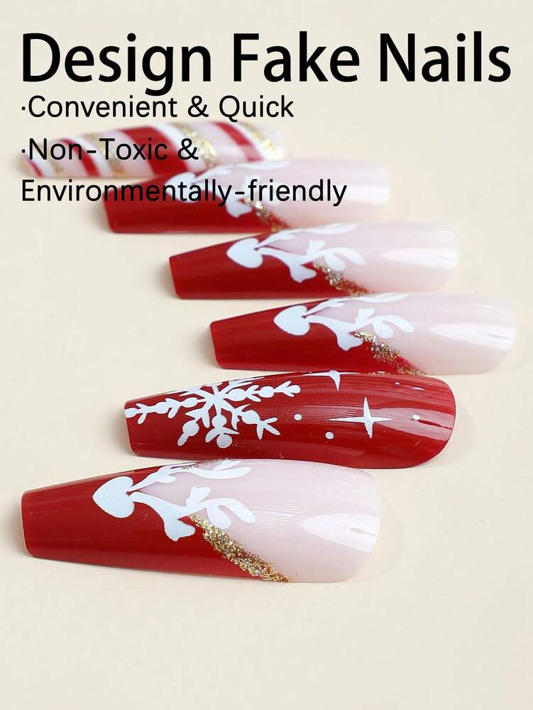 24pcs Long Coffin Christmas Press On Nails, White Elk And Snowflake Design With Gold Glitter, Elegant Glossy Nail Set For Women Daily Use