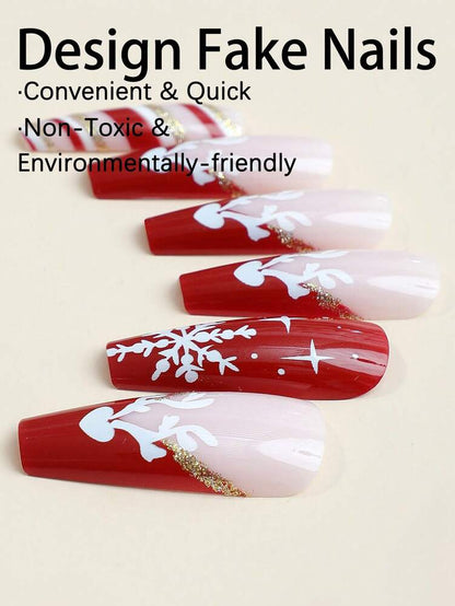 24pcs Long Coffin Christmas Press On Nails, White Elk And Snowflake Design With Gold Glitter, Elegant Glossy Nail Set For Women Daily Use