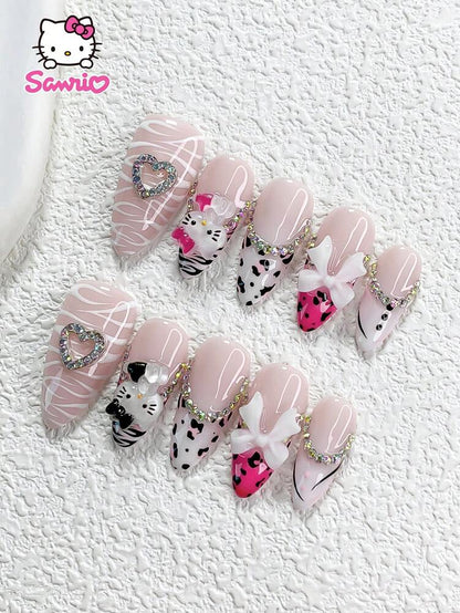 10pcs Sanrio Pink Hello Kitty Press On Nails, Duckbill Almond Square Mix With Bow Heart Rhinestones, Pink Leopard Ice Clear French Nails