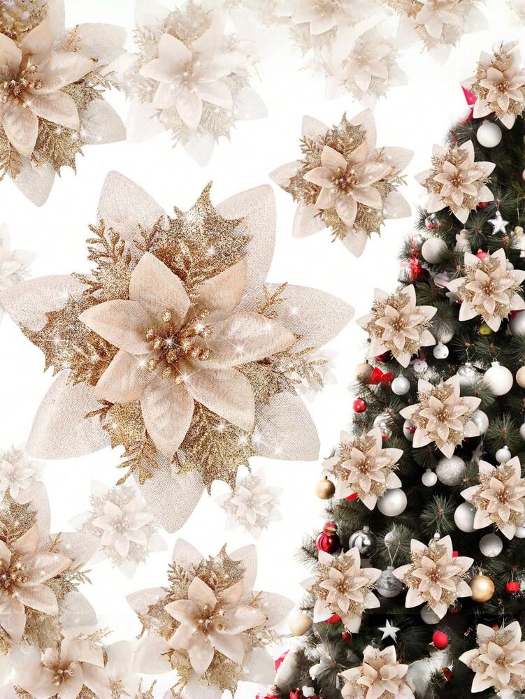 10-Piece Champagne Gold Poinsettia Set, Glitter Artificial Christmas Flowers for Tree, Wreath & Vase Decor, Elegant Holiday Home & Wedding Decorations