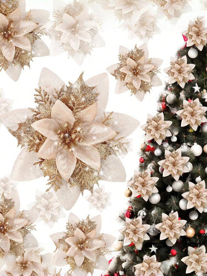 10-Piece Champagne Gold Poinsettia Set, Glitter Artificial Christmas Flowers for Tree, Wreath & Vase Decor, Elegant Holiday Home & Wedding Decorations