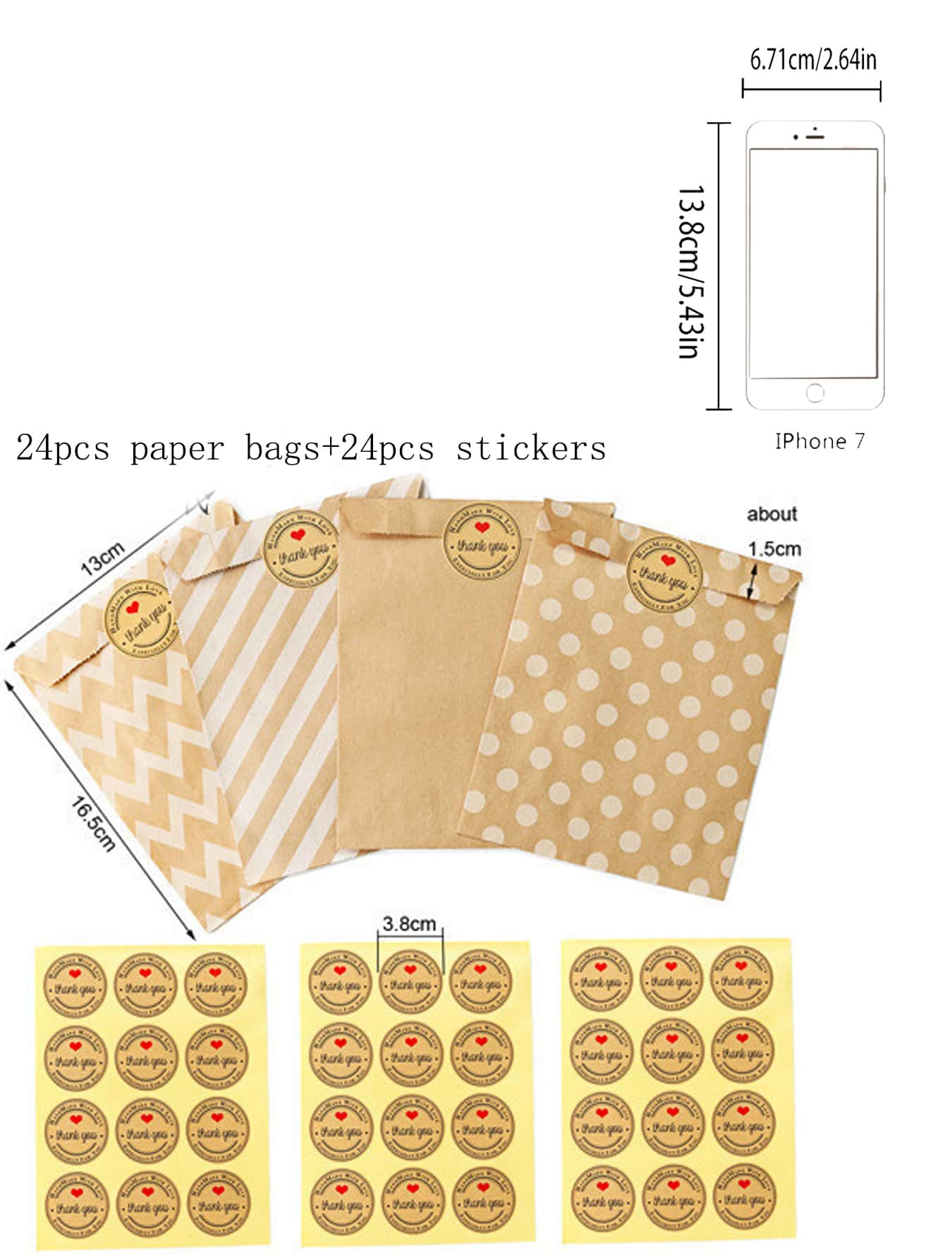 24pcs Random Kraft Paper Gift Bags with Stickers, Festive Wrapping Bags for Christmas, Valentine’s Day, and Holiday Party Supplies