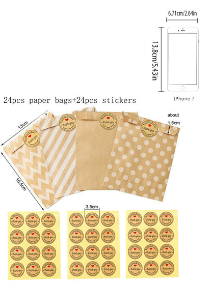 24pcs Random Kraft Paper Gift Bags with Stickers, Festive Wrapping Bags for Christmas, Valentine’s Day, and Holiday Party Supplies