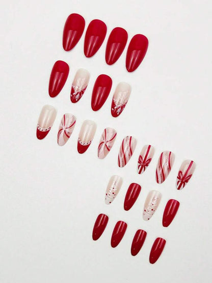 24pcs Almond Red White Rabbit Press On Nails, Ribbon And Heart Design, Cute Christmas Nail Set For Women Girls Holiday Wear