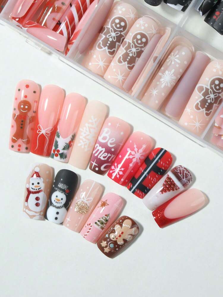 288pcs Short Square Christmas Press On Nails, Gingerbread Santa Snowflake And Tree Mix Design, Acrylic False Nail Kit For Women Party Use